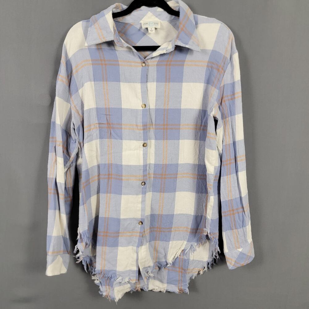 Jun & Ivy Blue White Plaid Button Down Shirt Frayed Hem Cotton Boho Casual Top